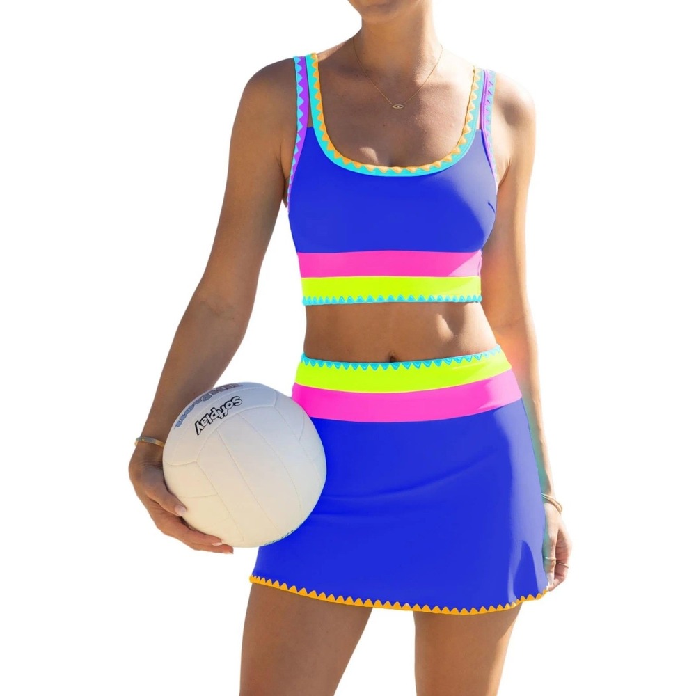 NWT Popvil 3 Pc Bikini Set Swim Skirt Neon Blue Tummy Control Swimsuit XL